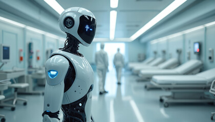 Futuristic robot with advanced AI performs medical tasks in modern hospital ward. Hydrogen-powered automation ensures precision, sustainability in healthcare. Robots assist medical staff, improving