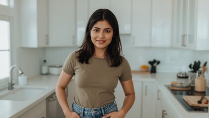 30 year old Indian woman standing confidently in a modern kitchen