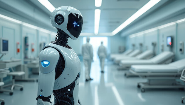 Futuristic robot with advanced AI performs medical tasks in modern hospital ward. Hydrogen-powered automation ensures precision, sustainability in healthcare. Robots assist medical staff, improving