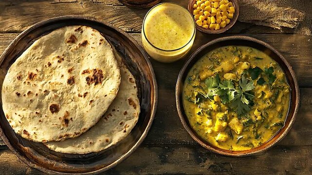 makki di roti and sarson da saag, punjab cuisine, indian food video zoom in