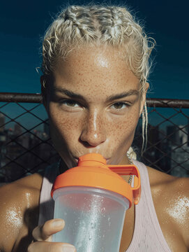 A young woman drinks water after an intense workout. Strength and endurance development.
