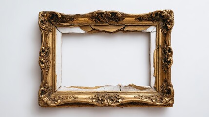 Gold ornate antique picture frame, chipped paint