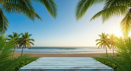 Fototapeta premium Tranquil beach scene with palm trees and wooden planks.
