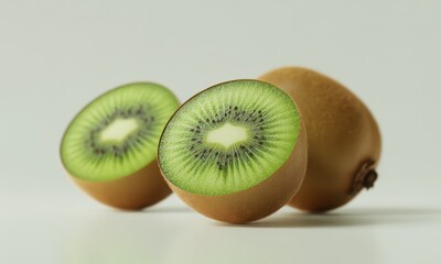 Two kiwifruit, one whole and one bisected into two halves, rest on a bright white surface; their vibrant green flesh and tiny black seeds are visible, showcasing their juicy texture.  