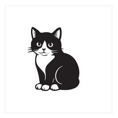 A small, black kitten with a heart on its silhouette, isolated on a white background, curiously watches a mouse