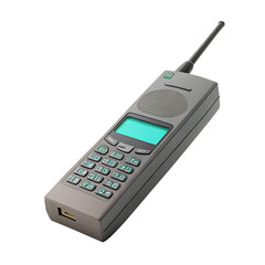Vintage gray brick mobile phone with extendable antenna displaying green light transparent background