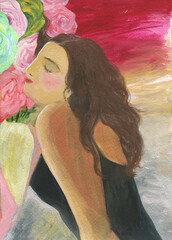 abstract woman with flowers. watercolor painting. illustration