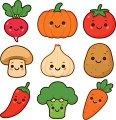 Collection of adorable and cheerful vegetable characters for design projects