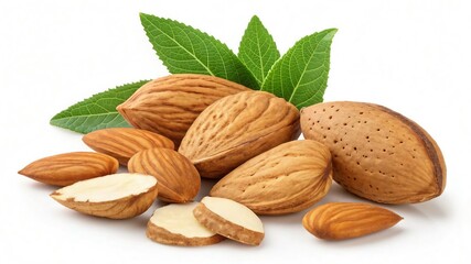 Pile of organic raw almonds, a healthy natural snack, on a white background