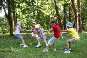 Obraz premium Cute little kids playing tug of war in park