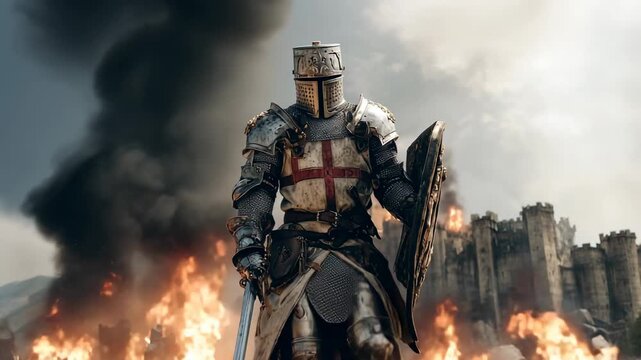 Medieval knight in armor with sword and shield standing in front of burning castle with smoke and fire