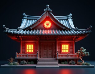 Obraz premium Traditional Japanese Shrine with Red Glow at Night