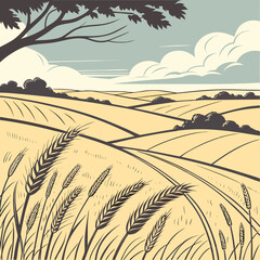 Golden wheat fields under a cloudy sky with a large tree in the foreground © shahin11