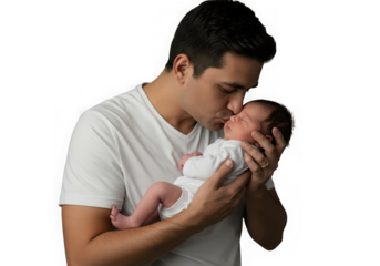 Father kissing his newborn baby on a transparent background isolated on transparent background