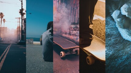 A collage of urban scenes and skateboarding