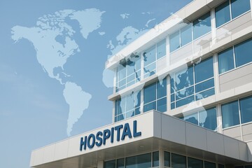 healthcare marketing hospital global concept. Modern hospital building with a world map overlay.