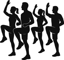 Diverse group fitness exercise silhouettes in action
