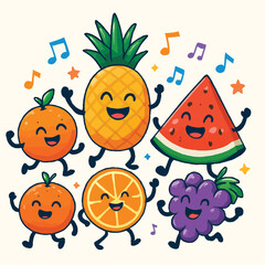 Vibrant and funky fruit characters dancing together joyfully