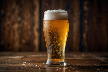Refreshing glass of beer with foam on a wooden table in a bar setting