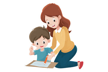 Woman teaching child to write, isolated on white transparent background