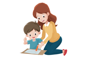 Woman teaching child to write, isolated on white transparent background