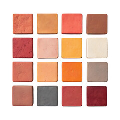Fototapeta premium Arrangement of sixteen square makeup pans with various earthy tones transparent background