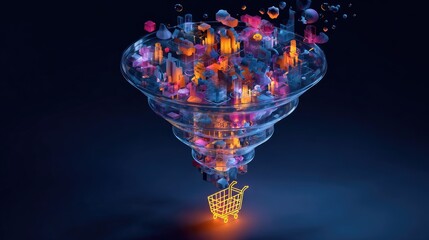 Abstract vortex funnel, cityscapes, shopping cart