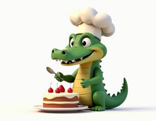 Cute Cartoon Alligator Chef with Delicious Cake and Spoon