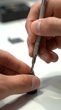 Clean, professional hands meticulously perform a technical action with a precision tool on a miniature electronic component in a sterile lab. ECU video, shallow DoF, subtle rack focus. Ultimate