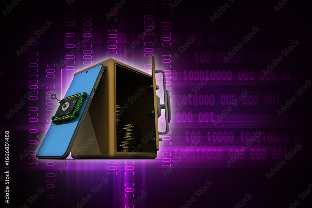 Poster 3d rendering microchips on mobile phone protection key with locker