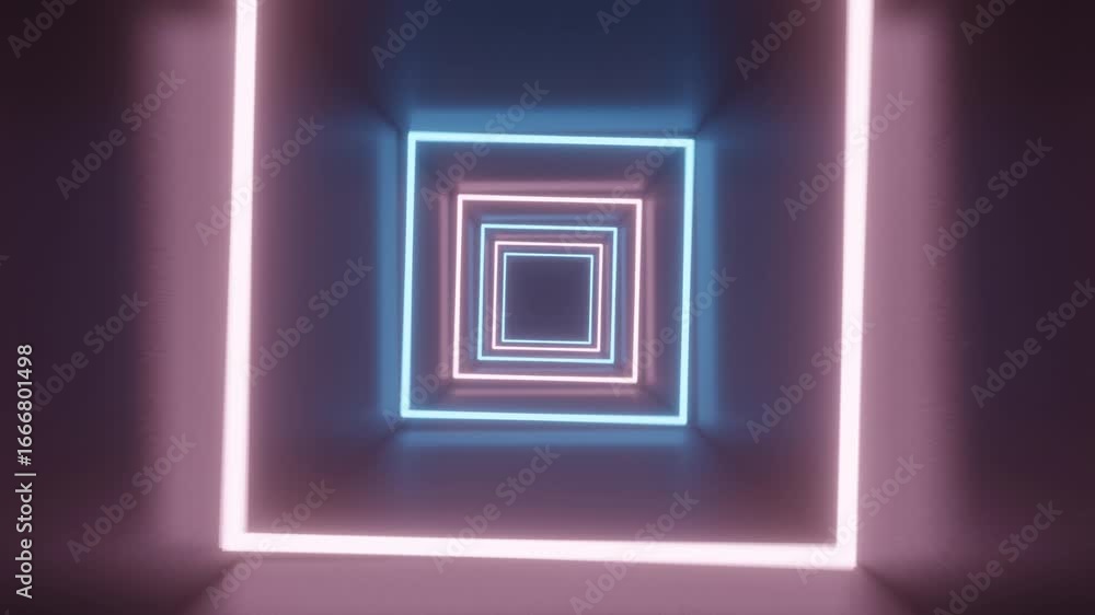 Poster abstract neon background, looped 3d animation, neon tunnel with rotating square frames. modern color