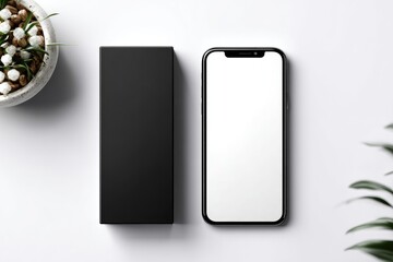 Flat lay of a black smartphone box and phone