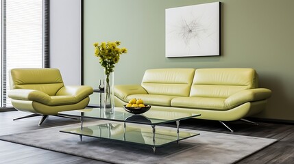 Minimalist living room with pistachio green walls, a sleek yellow leather couch, a modern glass coffee table, a monochrome wall art piece, and a soft gray area rug.