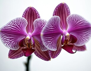 Fototapeta premium Two striking purple orchids with intricate white striped patterns. Delicate petals and vibrant colors create a captivating focal point against a clean white background.