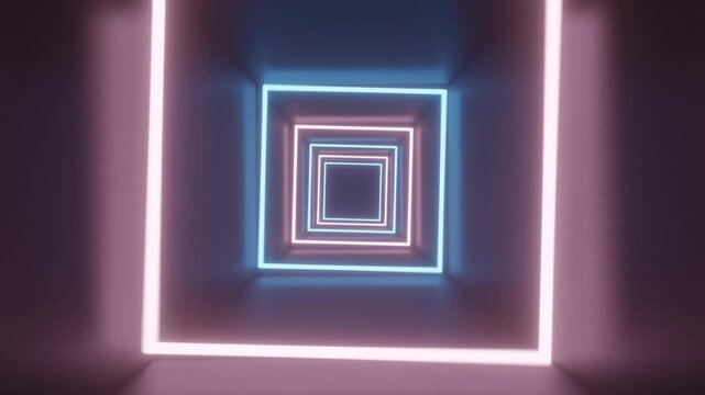 Abstract neon background, looped 3d animation, neon tunnel with rotating square frames. Modern colorful neon light spectrum. Fluorescent ultraviolet light, modern colorful lighting, 4k loop animation. - Powered by Adobe