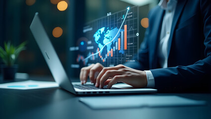 Global Business Analytics: Person Working on Laptop with Data Visualization