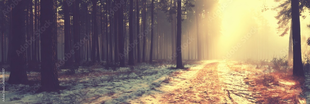 Poster misty forest pathway at dawn with sunlight filtering through tall trees
