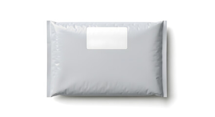 Grey plastic parcel bag with a blank white address label for shipping isolated on a white background