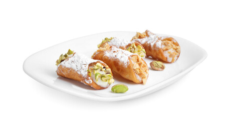 Delicious cannoli with ricotta cheese, peanuts, pistachios and powdered sugar isolated on white