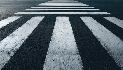 Close-up view of white pedestrian crossing lines on a dark asphalt road, extending into the distance