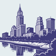 Fototapeta premium Stylized illustration of a modern city skyline with tall buildings reflected in a river