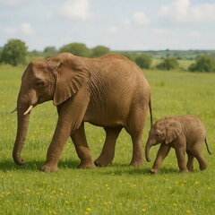 Fototapeta premium Baby elephant walking beside mother