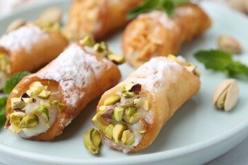 Delicious cannoli with cheese, nuts and mint on plate, closeup
