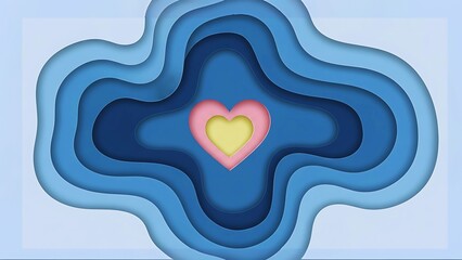 Layered Abstract Heart Design with Yellow Center and Blue Wavy Symmetry on Pink Border