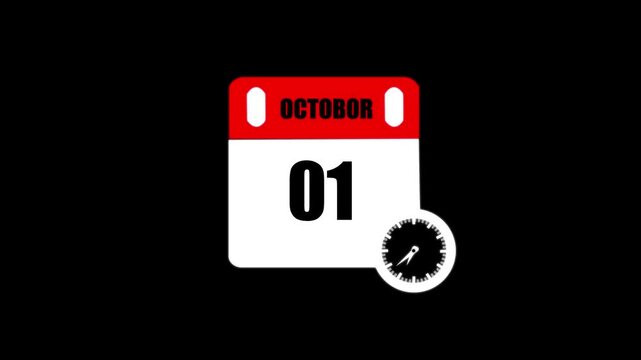 01 October Banner Animation ,October 01 calendar animation with transparent screen background. 4k video