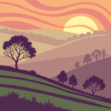 Stylized landscape with rolling hills trees and a vibrant sunset sky with wavy clouds