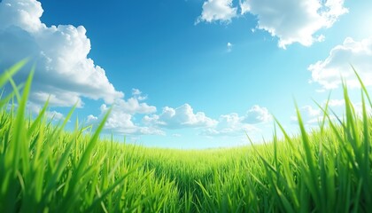 Obraz premium Vibrant green grass sways in gentle breeze under bright blue sky with fluffy white clouds. Serene natural landscape offers peaceful, fresh outdoor scene perfect for themes of summer, growth,