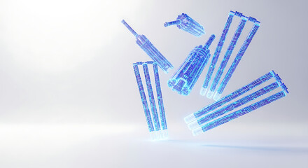 Blue crystal cricket bat and wickets isolated on white background