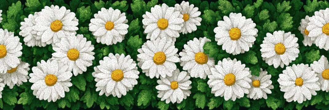 White daisies in a lush green garden.  A seamless repeating pattern of many white daisies with yellow centers, nestled amongst a dense backdrop of detailed green leaves