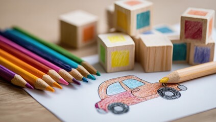 Naklejka premium Colorful wooden building blocks and crayons beside a simple car drawing on white paper